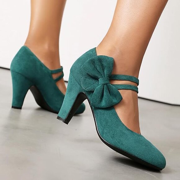 Women's Mary Jane Close Round Toe Vintage Style 1950s Heels Bow Double Straps - Picture 4 of 5
